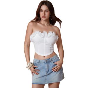 MakeMeChic Women's Coquette Ruffle Trim Corset Tops Sleeveless Summer Tube Crop Tops (Large, White)