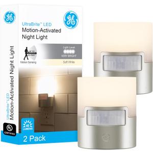 GE LED Motion Sensor Night Light, Plug into wall, 40 Lumens, Soft White, UL-Certified, Energy Efficient, Ideal Nightlight for Bedroom, Bathroom, Kitchen, Hallway, 46633, Silver, 2 Pack