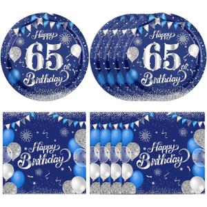 40Pcs 65th Birthday Decorations Kit for Men Women,Blue Silver 65th Birthday Party Paper Plates and Napkins Happy Sixty-five Years Old Tableware Set for 1960 Anniversary 65 Year Old Party Supplies