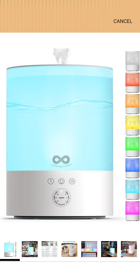 Everlasting Comfort 2.5L Top Fill Humidifier for Bedroom – Quiet, Easy to Fill & Clean, 24HR Runtime, Night Lights, Timer, Ultrasonic Cool Mist, Auto Shut-Off, Essential Oil Diffuser - White