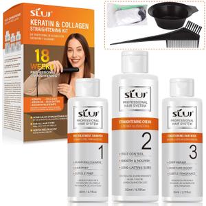 SLUJ Brazilian Keratin Treatment Kit at Home, Hair Straightening with Keratin, Collagen & Hyaluronic Acid, Up to 18 Weeks Frizz Control for Curly, Wavy, Frizzy Hair- Straightening Kit (Set)