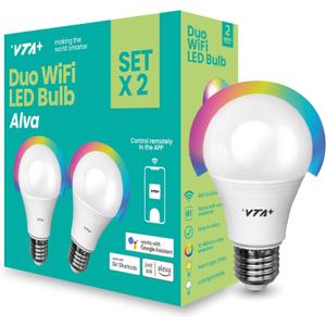VTA+ Smart Light LED Bulb Kit x2 E27 RGB - WiFi 2.4Ghz only, Alexa and Google Home Compatible, Adjustable Colors & Temperature, Easy Installation and Setup, 9W, 800 Lumens