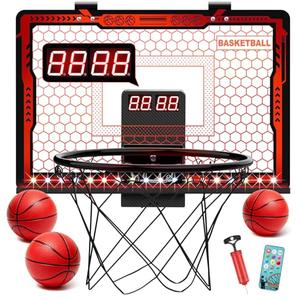 Indoor Basketball Hoop for Kids with Remote Control Mini Basketball Hoop with Scoreboard and Timeboard Over The Door Basketball Hoops with Led Lights Basketball Toys Gifts for 4-12 Year Old Boys Girls