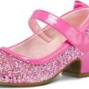 K KomForme Girls Dress Shoes Glitter Mary Jane Pumps with Bow, Low Heel Party Wedding Princess Shoes , 1