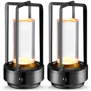 Honoson 2 Packs Portable Metal Table Lamp Rechargeable Cordless Table Lamp for Indoor Outdoor 3 Colors Stepless Dimming Desk for Bedroom Restaurant Bar Camping(Black)