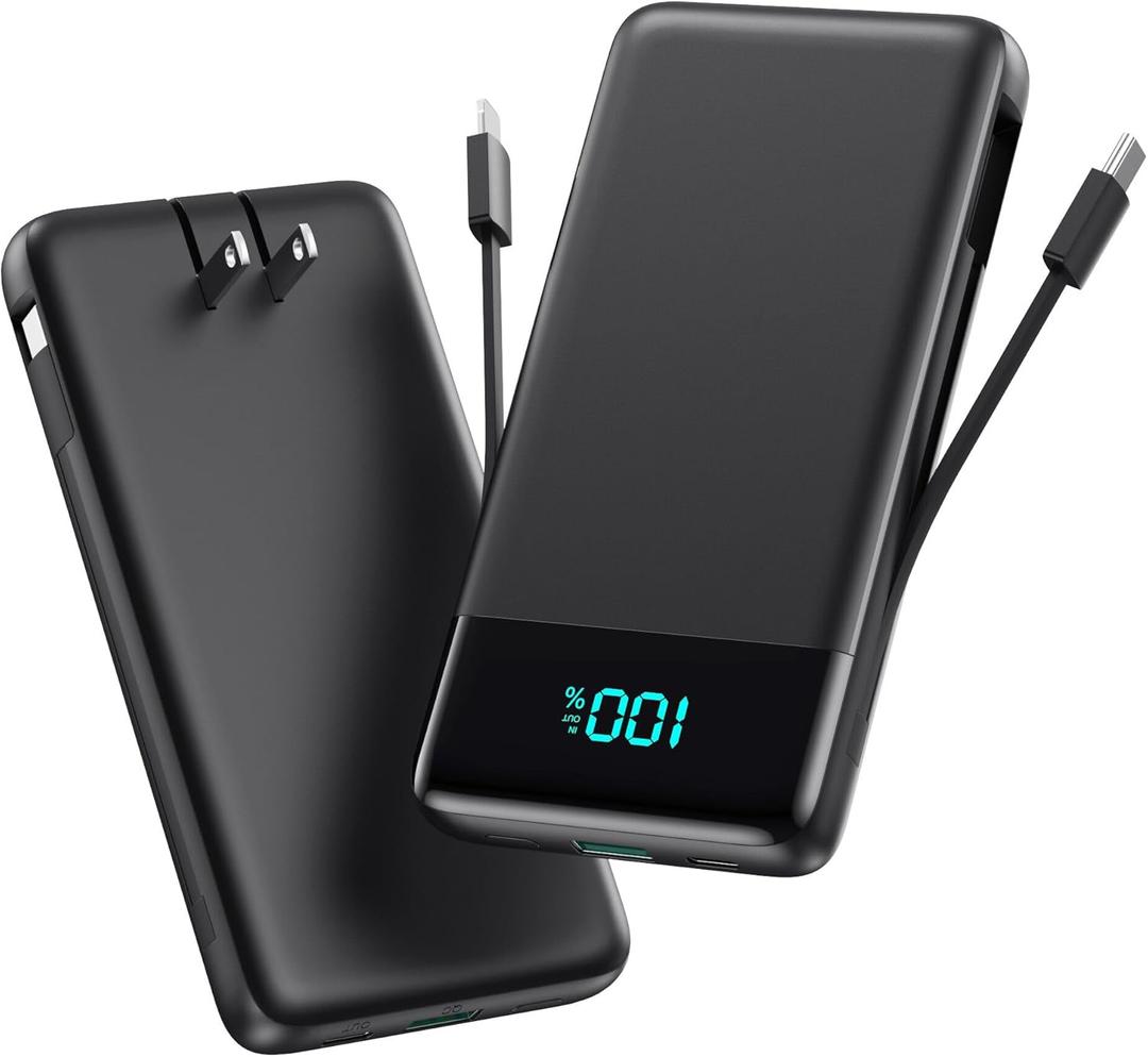 Portable Charger for iPhone,13800mAh Slim Power Bank with Built-in Cables & AC Wall Plug,All in One 4 Outputs USB C Fast Charging Battery Pack Powerbank for iPhone 17/16/15/14,Android,Travel Essential