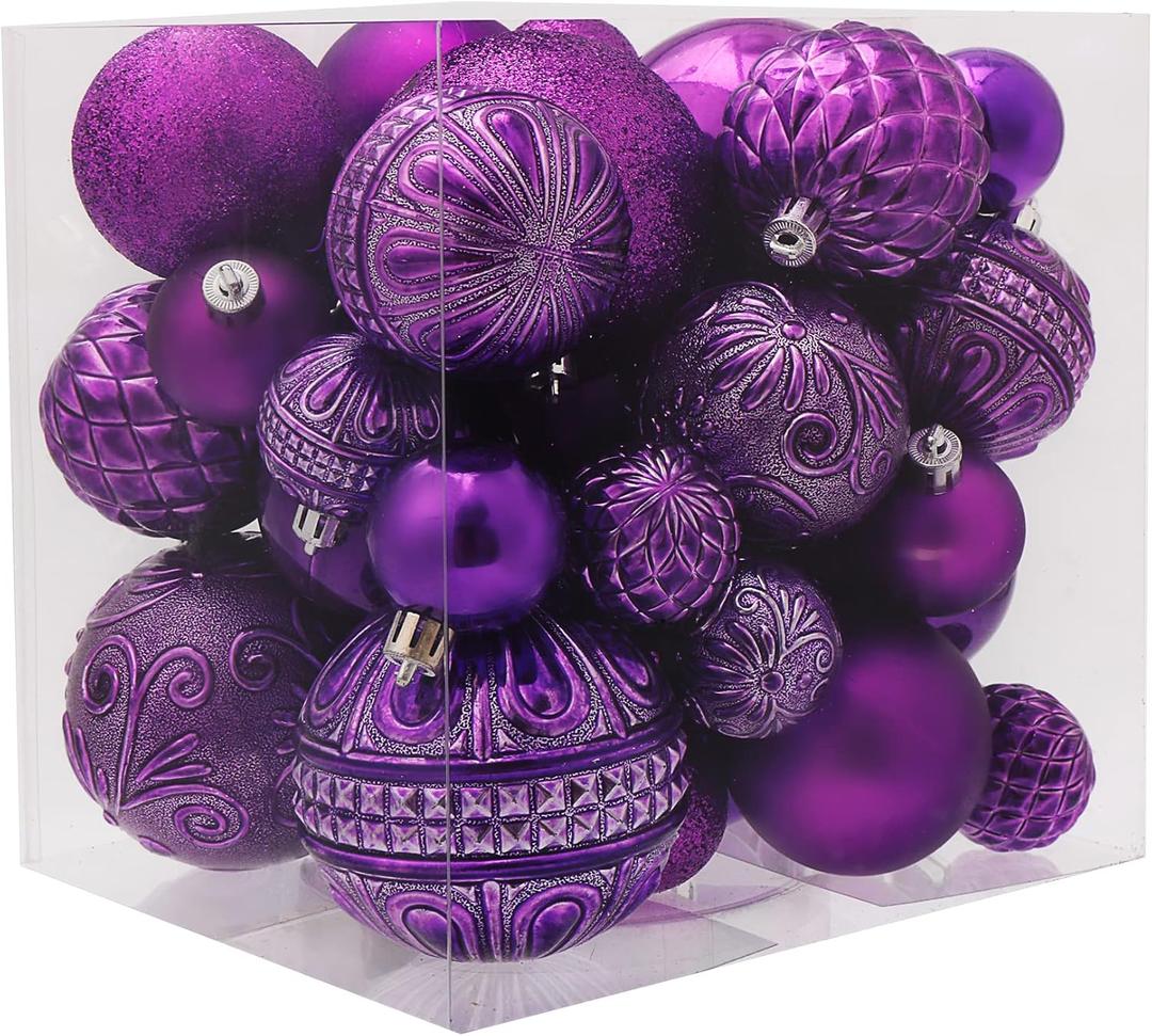 Purple Christmas Ball Ornaments Christmas Tree Decorations with Hang Rope-36pcs Shatterproof Christmas Ornaments Set with 6 Styles in 3 Sizes(Small Medium Large)