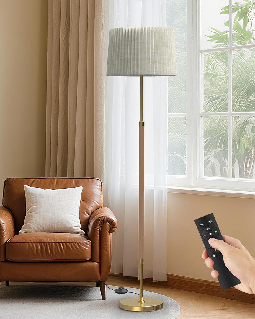 JOOFO Mid-Century Modern Wood Floor Lamp with Dual Fabric Shade, Remote Control, Dimmable & Adjustable Color Temperature, Reading & Living Room Lamp, Easy Clean Cover, Foot Switch,Natural Wood