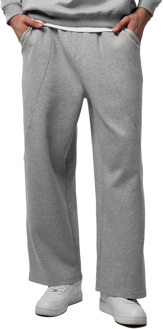 Fioboc Men's Baggy Sweatpants Wide Leg Pants Drawstring Elastic Waist Curved Design Casual Pants with Pockets, XL