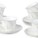 Agyiuns Tea Cups Set Of 6, Tea Cup And Saucer Set,6oz for Tea,Coffee, Latte, Cafe Mocha, Porcelain Tea Party Set (White with gold thread set of 6)
