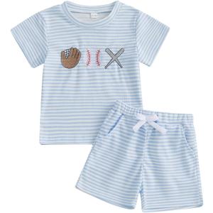 Baseball Toddler Baby Boy Girl Clothes Striped Short Sleeve T-shirt Tops Elastic Waist Shorts Set 2Pcs Summer Outfit (Blue, 2-3T)