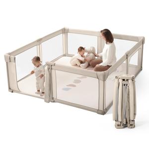 Baby Playpen Portable, Pre-Assembled Play Pen 71x79 Large Foldable Playpen for Babies and Toddlers, Sturdy and Safe Toddler Play Yard Indoor Outdoor with Carry Bag, Light Khaki