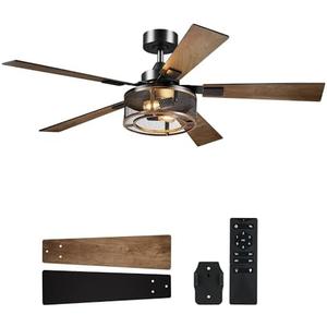 VONLUCE Ceiling Fans with Lights, 52 Inch Ceiling Fan and Remote, 6-Speeds Noiseless Reversible DC Motor, Cage Ceiling Fan for Bedroom Living Room Farmhouse, Walnut