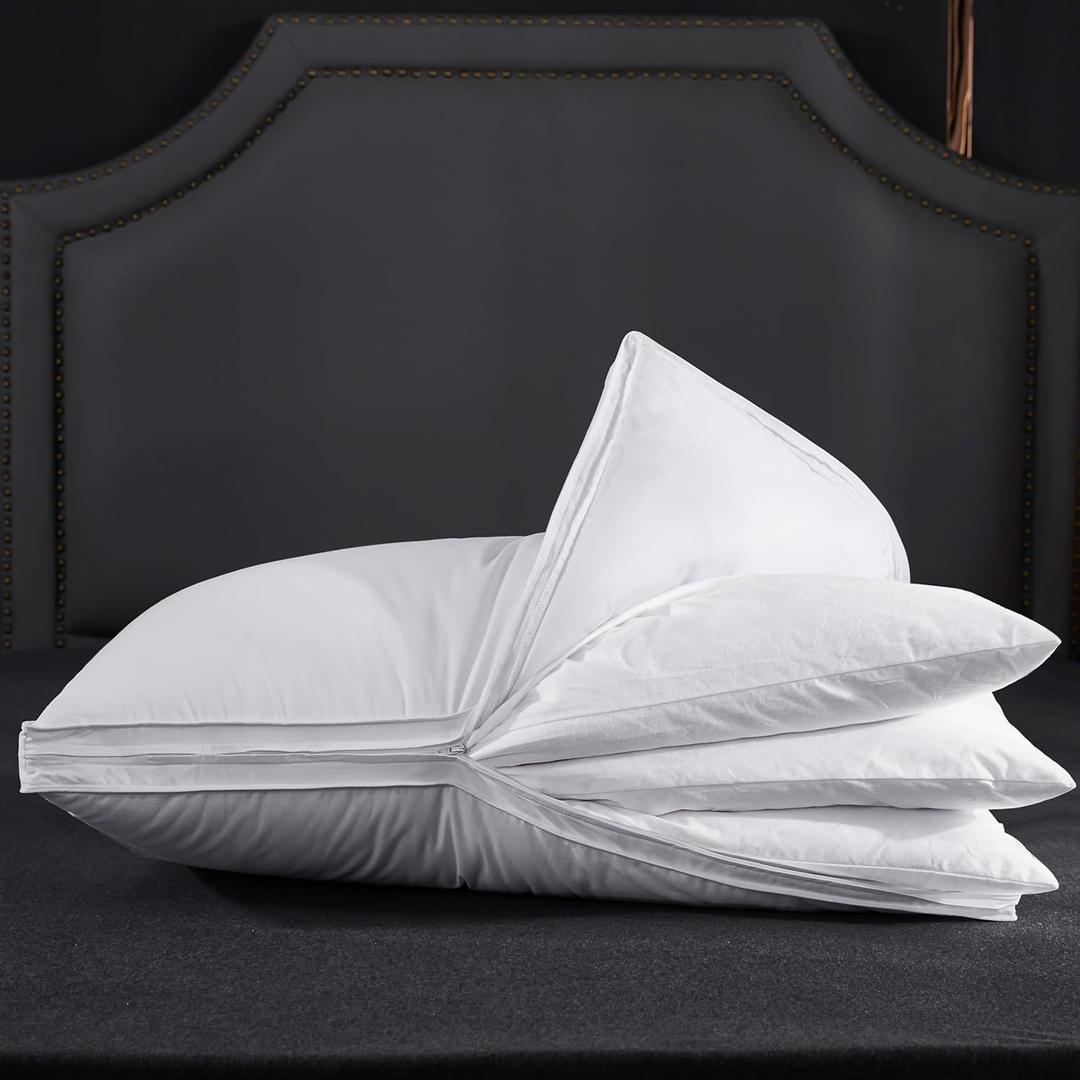 Three Geese Adjustable Layer Goose Feather Pillow,Assemblable Bed Pillow,100% Soft Organic Cotton Cover,Good for Side and Back Stomach Sleeper, Queen Size,Packaging Include 1 Pillow