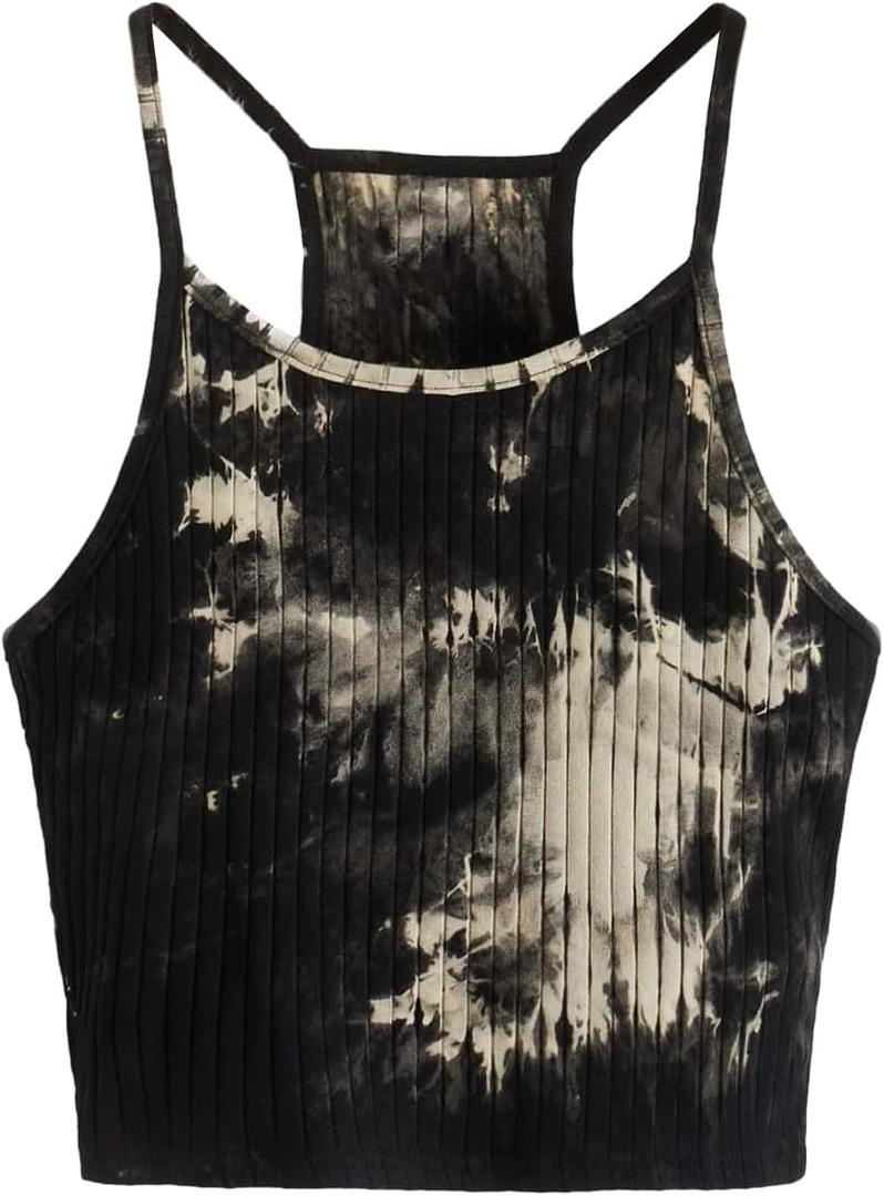 Women's Ribbed Knit Tie Dye Camisole Top Sleeveless Slim Fit Crop Tops Y2K Cami Streetwear Women Shirts (Large, Black)