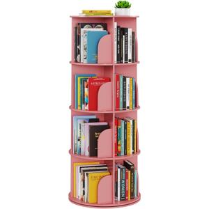 SpaceAid 4 Tier Rotating Bookshelf Tower, Spinning Bookcase Lazy Susan, Revolving 360 Book Shelf Storage Round Carousel, Vertical Rotate Turning Spiral Corner Organizer, Pink, 4 Tier, 50" H