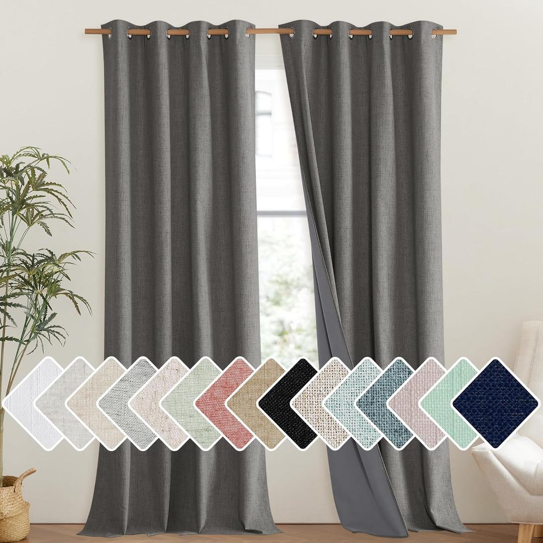 NICETOWN Grizzle Gray Vintage Linen 100% Blackout Curtains for Living Room, Thermal Insulated Curtains 95" Long, Noise Reducing Window Treatment Drapes for Bedroom, 52" Wide Per Panel, Set of 2