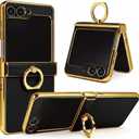 Genuine Leather Case for Samsung Galaxy Z Flip, Military-Grade Drop Protection, Hinge Protection Cover with Ring Kickstand, Gold Trim (Black, Z Flip5)