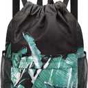 Waterproof Drawstring Backpack Sports Gym Sackpack with Mesh Pockets Water-Resistant String Cinch Beach Bag for Men Women (Print - Black Leaves)