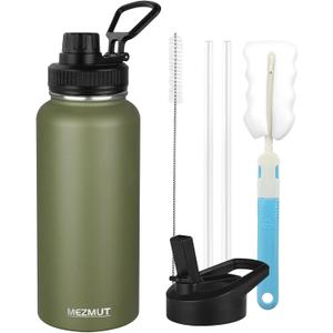 MEZMUT Stainless Steel Water Bottles 32oz Insulated Water Bottle with Straw&3 Lids Double Walled Sports Metal Thermos Water Bottle Cup Leak-Proof Vacuum Insulated Bottles Travel (Army Green)
