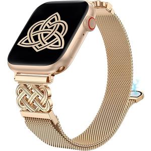 BEEXI Stainless Steel Magnetic Loop Compatible with Apple Watch Band 42/41/40/38mm Women Mesh Celtic Knot Dressy Strap for iWatch Series 11/10/9/8/7/6/5/4/3/2/1/Ultra(1/2/3)/SE(1/2/3), Rose Gold