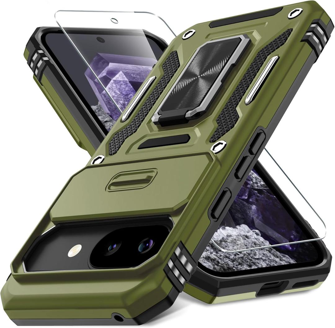DEERLAMN Case for Google Pixel 9A with Slide Camera Cover+Screen Protector (1 Pack), Rotated Ring Kickstand Military Grade Shockproof Protective Cover-Olive Green