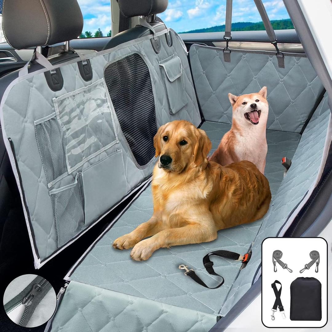 Car Seat Covers Backseat - Dog Hammock - Car Seat Cover for Back Seat SUV with Mesh Window Multiple Pockets Zipper Flap Nonslip Rubber Back Washable Material (gray)