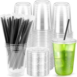 14oz Clear Plastic Cups with Lids and Straws, 100 Pack Disposable To Go Cold Drink Cups for Iced Coffee, Smoothie, Juice, Boba Tea, Party Picnic Travel