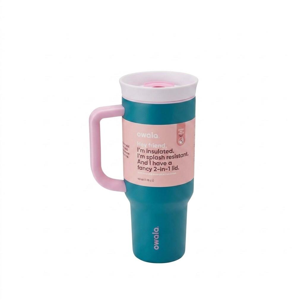 Owala Stainless Steel Triple Layer Insulated Travel Tumbler with Spill Resistant Lid, Straw, and Carry Handle, BPA Free, 40 oz, Dusty Pink