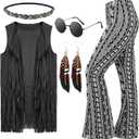 Leumoi 5 Pcs 60s 70s Costume for Women Disco Outfits Hippie Accessories Fringe Vest Boho Flared Pants Set for Carnival (X-Large, Classic)