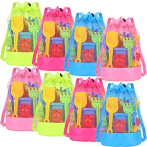 8 Pcs Beach Toys Bags Summer Mesh Seashell Collecting Bag with Handles Pool Party Gift Pouch for Market Grocery(Bright,Backpack)