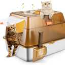 Stainless Steel Cat Litter Box with Lid, XXL Extra Large Enclosed Litter Box for Big Cats High Sided Metal with Removable Lid & Scoop, Front &Top Entry Odor Free, Anti-Leakage, Easy Cleaning (Brown: Fully Enclosed)