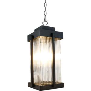 MONKFISH Modern Black Outdoor Pendant Light - Waterproof Hanging Lamp with Striped Glass Shade, Adjustable Chain, Weather-Resistant Porch & Patio Ceiling Fixture