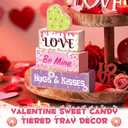 4 Pcs Valentines Day Table Decoration Sweet Candy Valentine Tiered Tray Decor Love Blocks Heart Wooden Sign Valentine Day Centerpieces Decor for Mantel Home Desk Kitchen