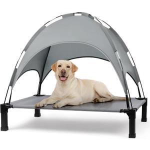Heeyoo Elevated Dog Bed with Canopy, Outdoor Dog Bed Cot with Removable Shade Tent, Portable Raised Pet Cot Cooling Bed for Dogs and Cats, Grey, 51" x 36"