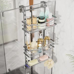 SWTYMIKI Over the Door Shower Caddy - 3 Tier Adjustable Shower Organizer Hanging with Soap Holder, No Drilling Stainless Steel Bathroom Rack Hanging for Body Wash, Shampoo, Soap, Razor, Silver