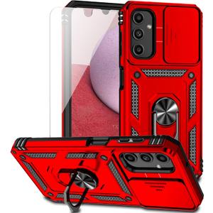 for Samsung Galaxy A14 5G Case with Slide Camera Cover HD Screen Protector [Military Grade 16ft. Drop Tested] Magnetic Ring Holder Kickstand Protective Phone Case for Samsung Galaxy A14 5G, Red
