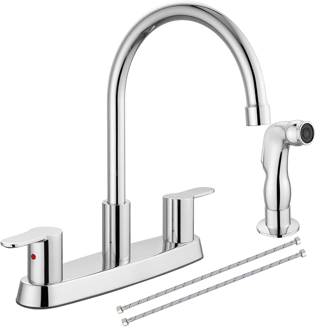 8 Inch Centerset Kitchen Faucet for Sink 3 Hole Dual Handle Kitchen Sink Faucets High Arc 360 Degree Rotating Spout with Supply Lines, Polished Chrome, with Side Sprayer