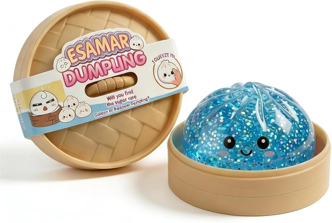 Dumpling Squeeze Toys, Glitter Dumpling Squeeze Toy with Steamer Box, Soft Dough Dumpling Stress Ball, Sensory Mystery Gifts for Kids & Adults, Classroom Prizes & Party Favors (A-Blue)