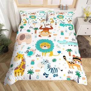 Cartoon Jungle Animals Bedding Set Twin Size Kids Safari Zoo Animals Duvet Covers Lion Tiger Monkey Giraffe Quilt Cover for Boys Girls Teens Child Toddler Comforter Cover for All Seasons