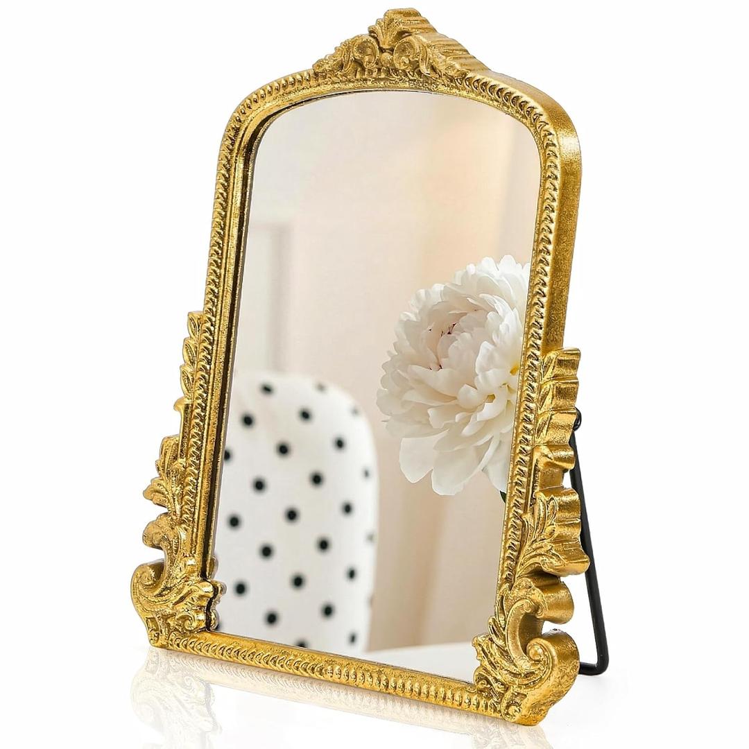 ZOOFOX Vintage Vanity Desk Table Mirror, 11.8" x 9.6" Arched Antique Makeup Mirror with Full Wooden Frame, Small Standing Carved Baroque Mirror for Living Room, Bedroom Dresser, Desktop Decor