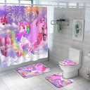 4Pcs Unicorn Kids Shower Curtain Set with Memory Bath Mat, Non-Slip Bathroom Rugs and Toilet Lid Cover, Waterproof Purple Shower Curtain Set with Hooks, Girls Kids Bathroom Decor Sets