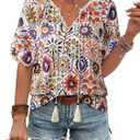 Vivilli Womens Summer Boho Tops Casual V Neck Short Sleeve Blouses Floral Print Shirt Tie Front Flowy Vacation Clothes, XL