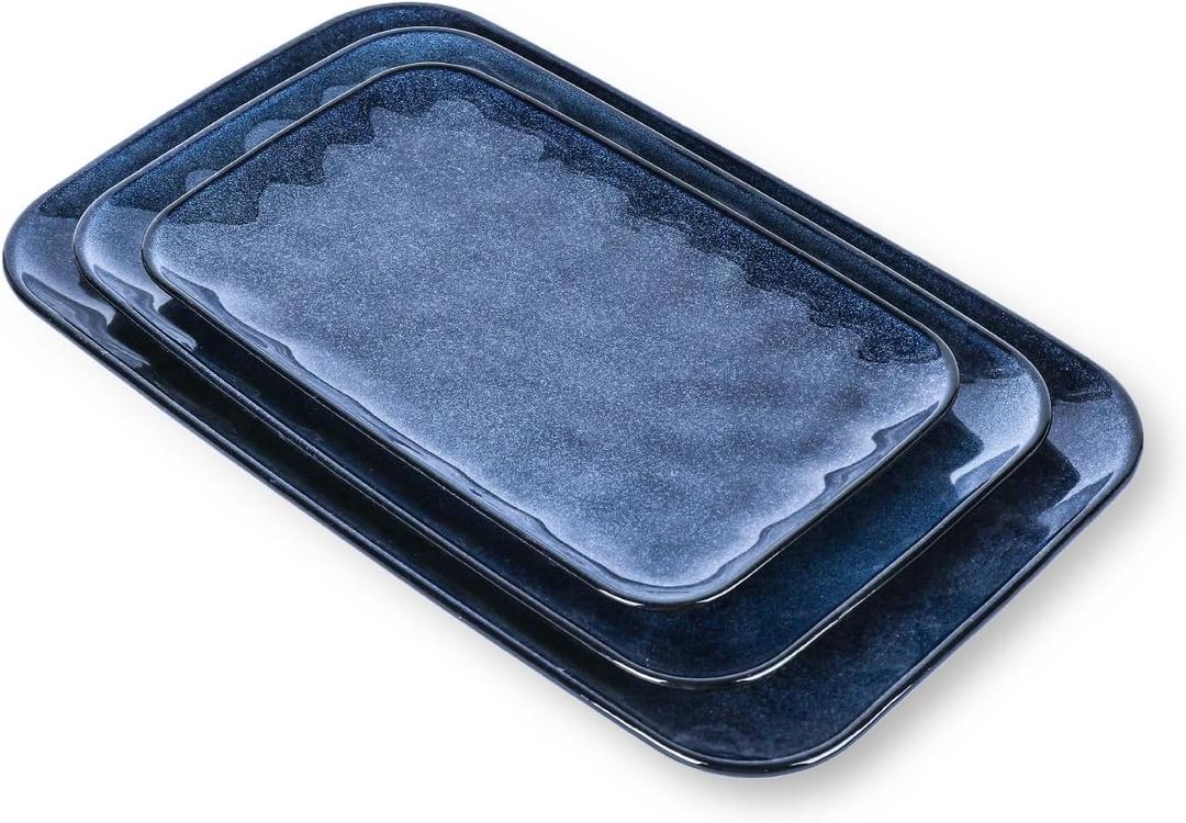 Vicrays Ceramic Rectangle Serving Platters - 14" 12" 10" Porcelain Serving Trays Plates for Party BBQ Appetizers Sushi Dessert - Microwave Oven and Dishwasher Safe - Set of 3 Blue