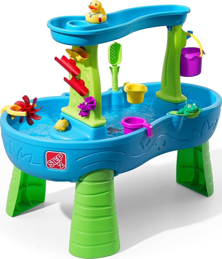 Step2 Rain Showers Splash Pond Water Table, Kids Water and Sand Activity Sensory Playset, Summer Outdoor Toys, 13 Piece Water Toy Accessories, For Toddlers 1.5+ Years Old, Blue & Green, 39 X 24 X 32