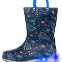 HugRain Toddler Boys Rain Boots Baby Kids Light Up Printed Waterproof Shoes Rubber Garden Puddle Boots Lightweight Adorable Cute Navy Blue Cosmos Easy-On Handles and Insole (Size 8, Navy)