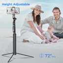 Selfie Stick Travel Tripod for Cell Phone with Remote Control and Phone Holder, Extendable Selfie Stick for iPhone, iPhone Tripod for Video Recording, 72 Inch, Black