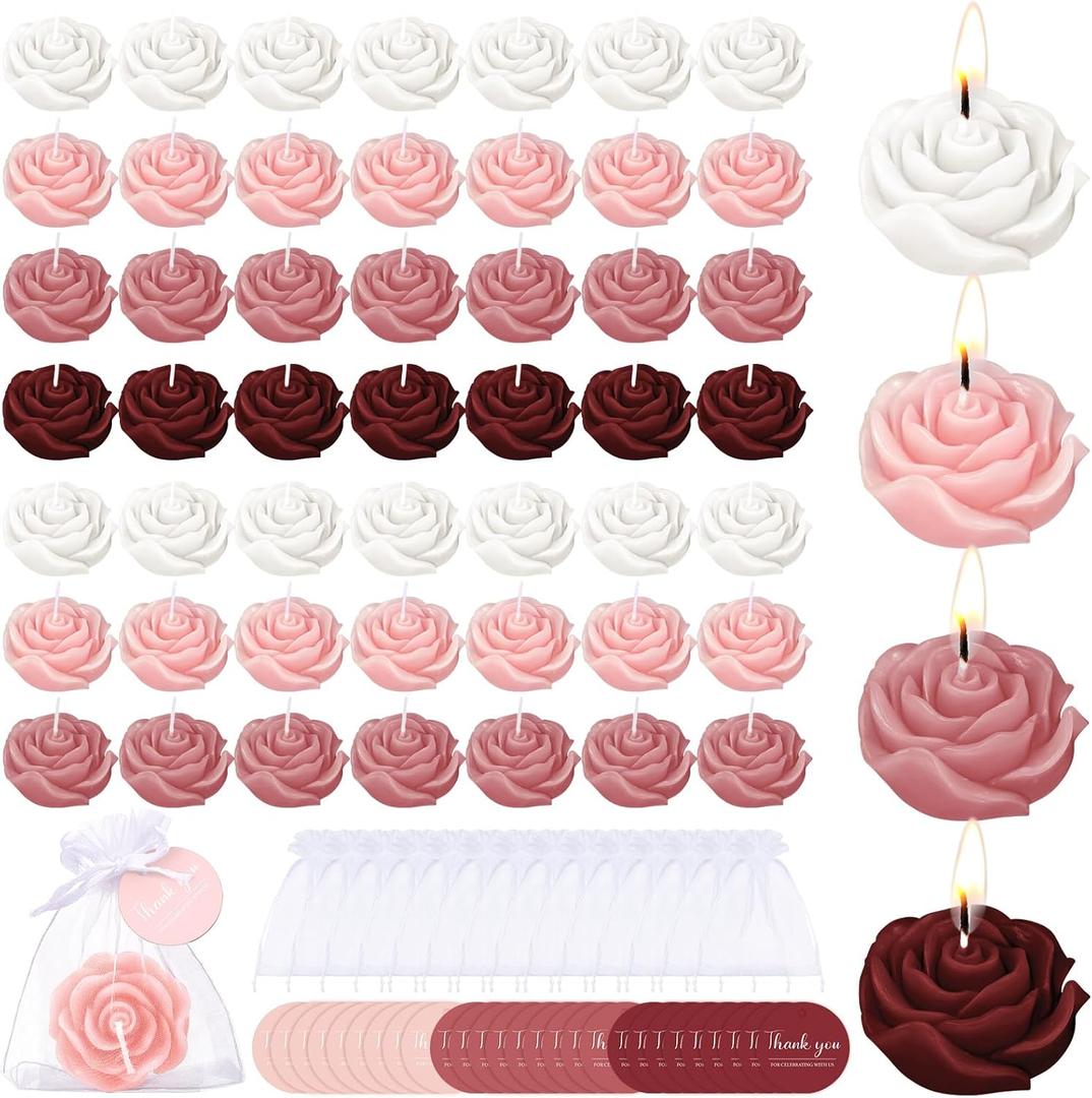 Treela 50 Set Flower Candles Wedding Favor for Guests Mini Burgundy Rose Shaped Tealight Candles for Return Gift Wedding Birthday Bridal Shower Housewarming Party