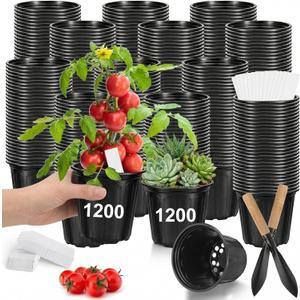 1200 Pcs 1 Gallon Plastic Plants Nursery Pots Bulk with Plant Labels, Thickened Soft Black Seedling Pots with Drainage Holes, Flower Plant Containers with Shovel for Seed Succulents Supply