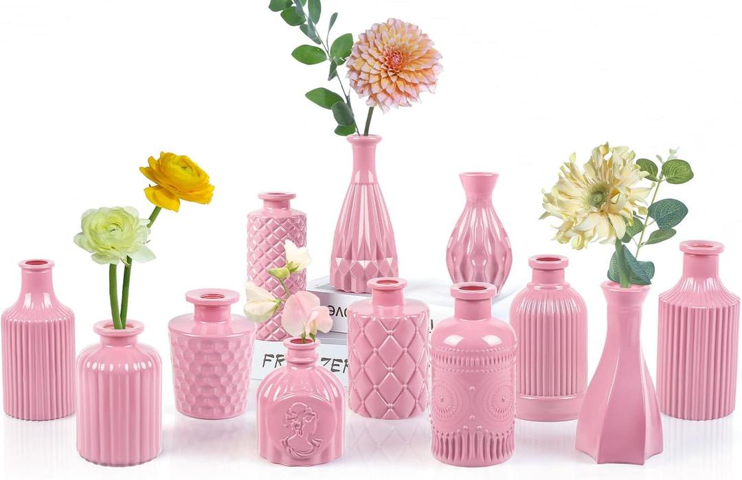 UPBUD Baby Pink Glass Bud Vases Set of 12, Mini Flower Vase for Centerpieces, Small Vases in Bulk for Wedding Decoration, Vintage Vase for Baby Shower Centerpieces, Home Dcor
